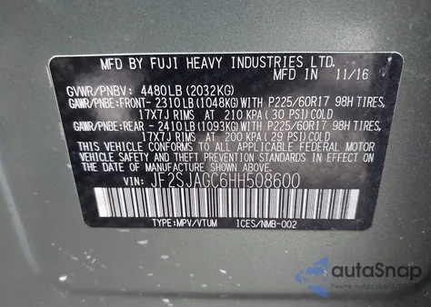 2017 Subaru Forester 2.5I Premium z USA, uszkodzony, nr VIN JF2SJAGC6HH508600